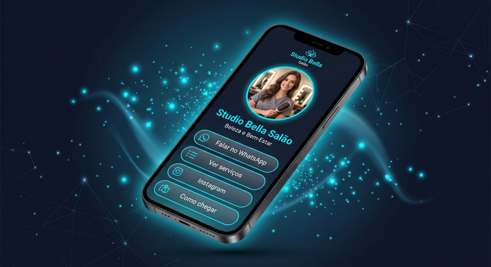 Exemplo de Bio Site (link na bio) de um salão de beleza em um celular, com botões de WhatsApp, serviços, Instagram e como chegar