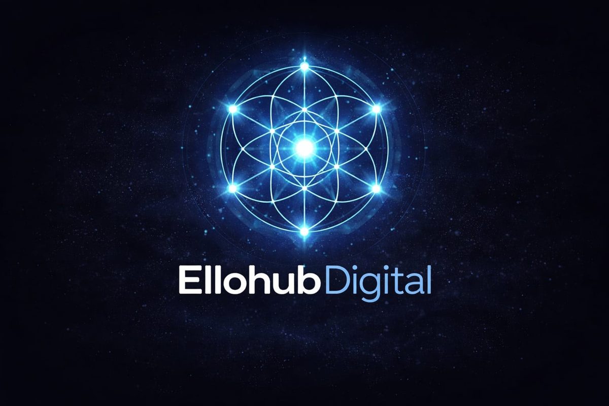 Logo da Ellohub Digital: símbolo geométrico luminoso em azul sobre fundo escuro