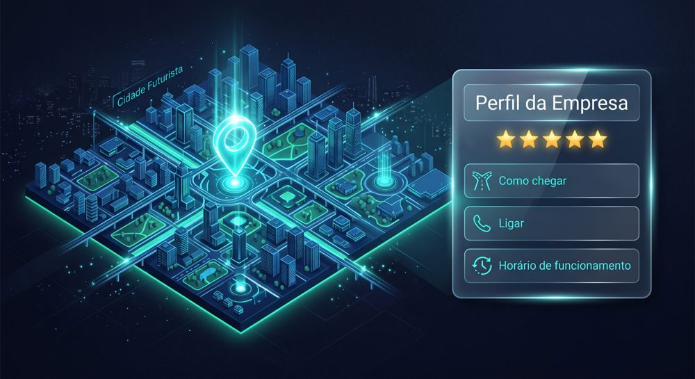Mapa de cidade com marcador de empresa e cartão do Perfil da Empresa com estrelas, como chegar, ligar e horário de funcionamento